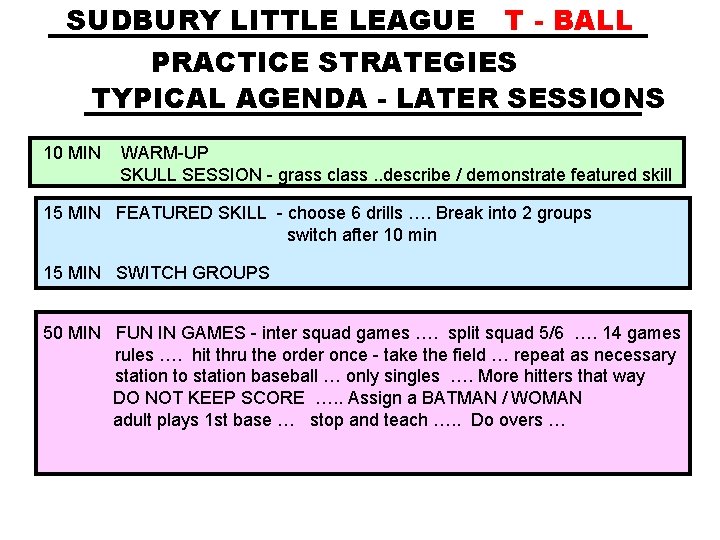 SUDBURY LITTLE LEAGUE T - BALL PRACTICE STRATEGIES TYPICAL AGENDA - LATER SESSIONS 10