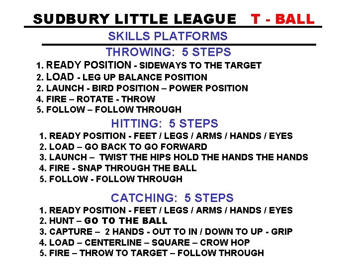 SUDBURY LITTLE LEAGUE T - BALL SKILLS PLATFORMS THROWING: 5 STEPS 1. READY POSITION