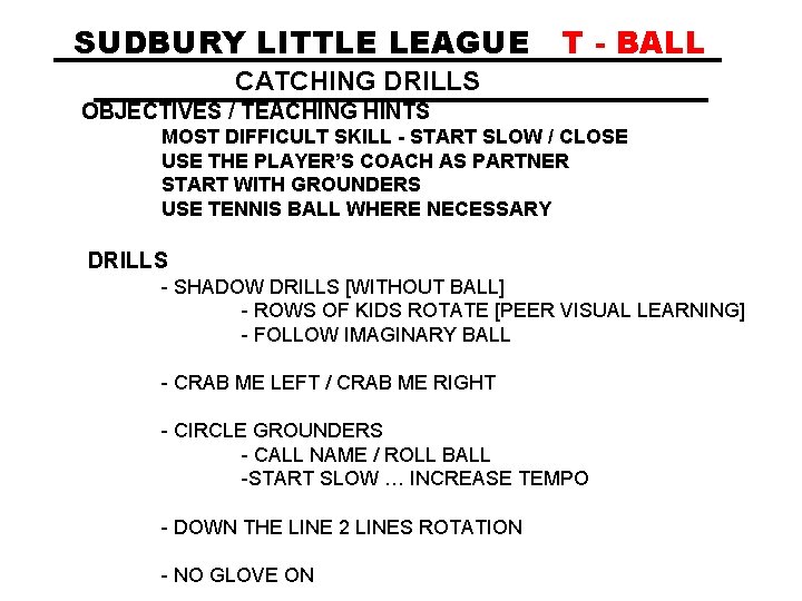 SUDBURY LITTLE LEAGUE T - BALL CATCHING DRILLS OBJECTIVES / TEACHING HINTS MOST DIFFICULT