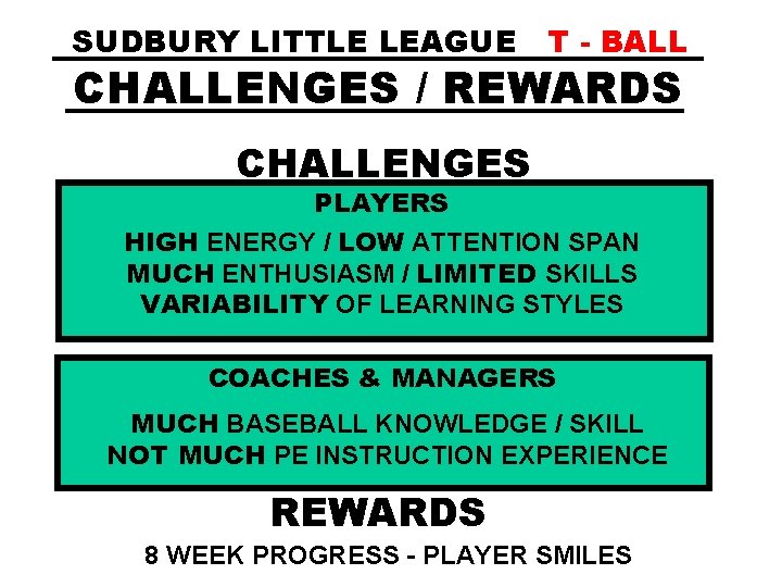 SUDBURY LITTLE LEAGUE T - BALL CHALLENGES / REWARDS CHALLENGES PLAYERS HIGH ENERGY /