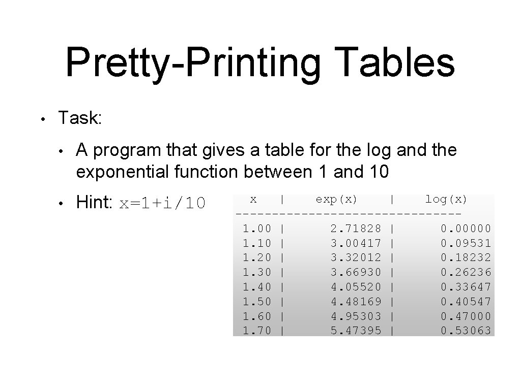 Pretty-Printing Tables • Task: • A program that gives a table for the log Pretty-Printing Tables • Task: • A program that gives a table for the log