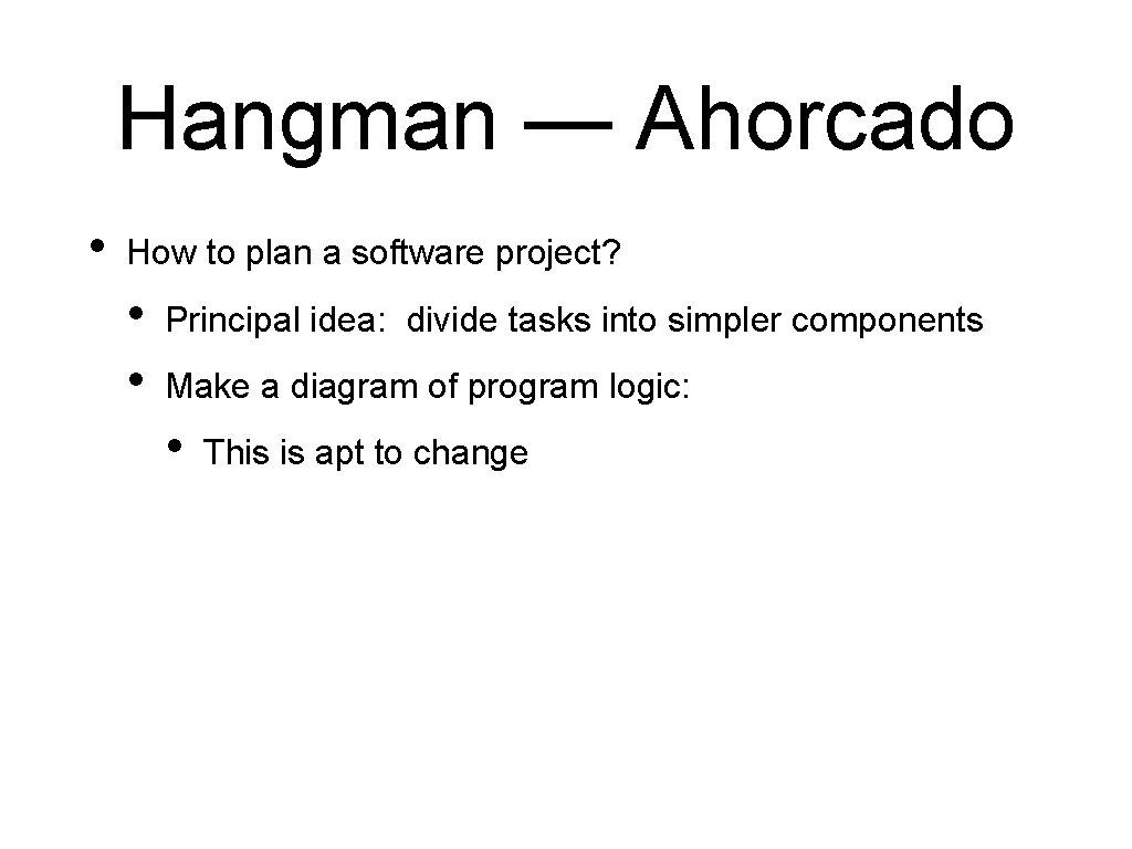 Hangman — Ahorcado • How to plan a software project? • • Principal idea: Hangman — Ahorcado • How to plan a software project? • • Principal idea: