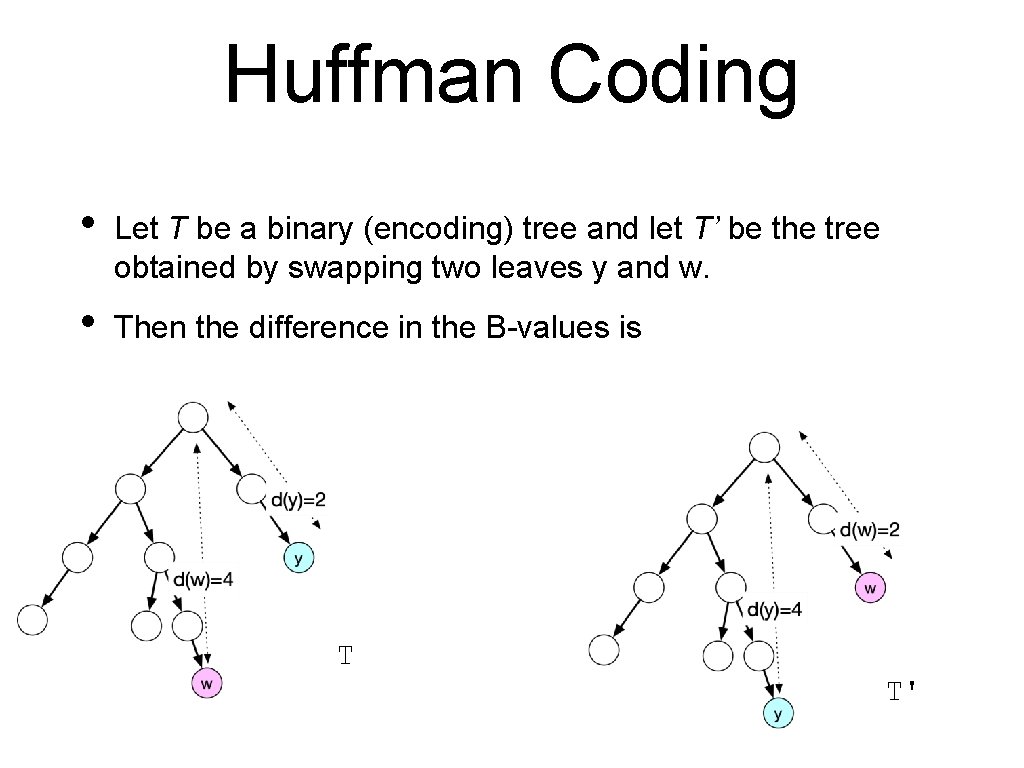 Huffman Coding • Let T be a binary (encoding) tree and let T’ be