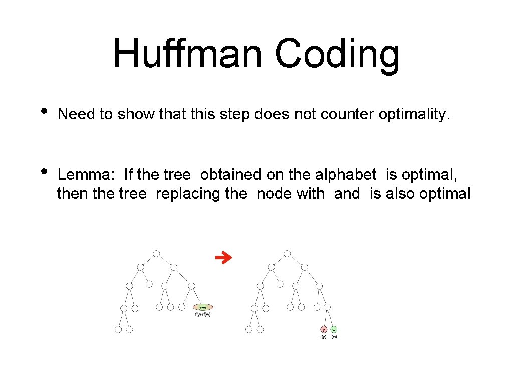 Huffman Coding • Need to show that this step does not counter optimality. • Huffman Coding • Need to show that this step does not counter optimality. •