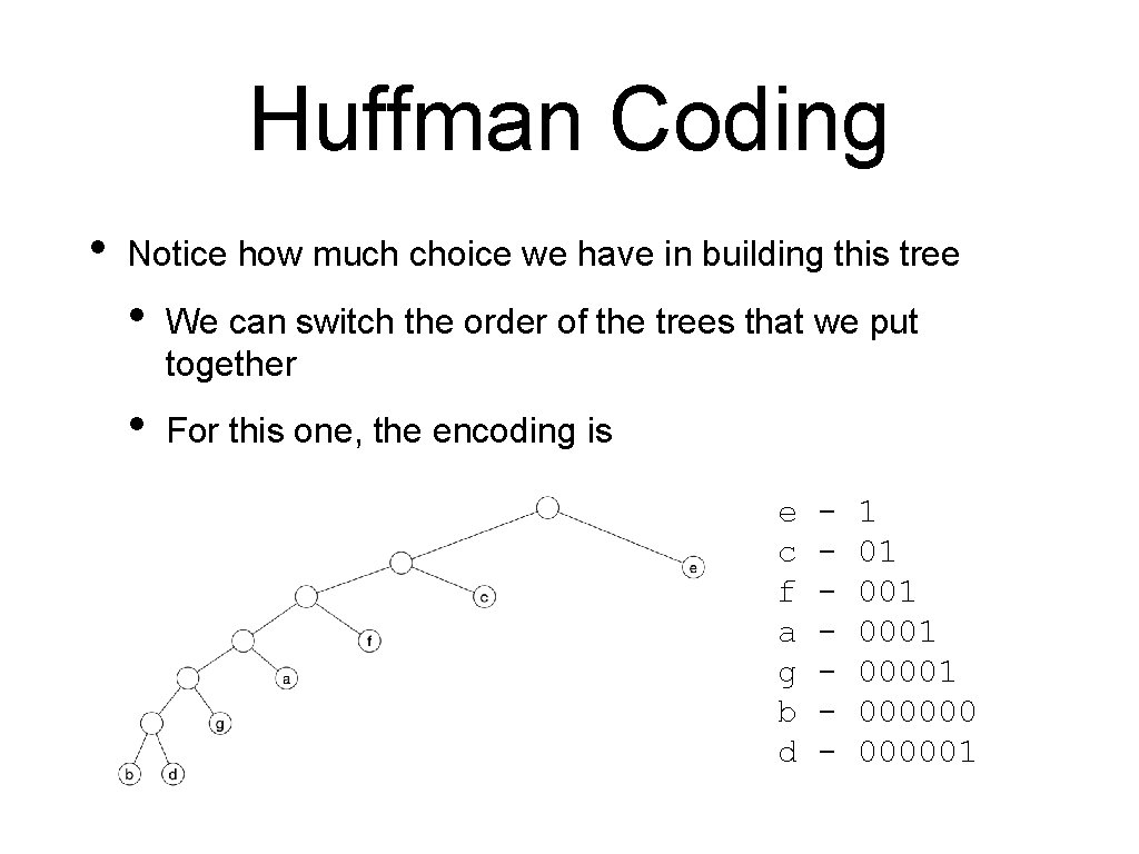 Huffman Coding • Notice how much choice we have in building this tree • Huffman Coding • Notice how much choice we have in building this tree •