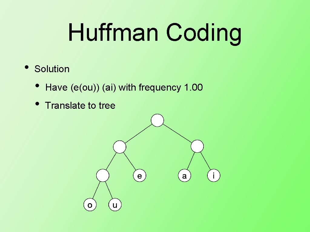 Huffman Coding • Solution • • Have (e(ou)) (ai) with frequency 1. 00 Translate Huffman Coding • Solution • • Have (e(ou)) (ai) with frequency 1. 00 Translate