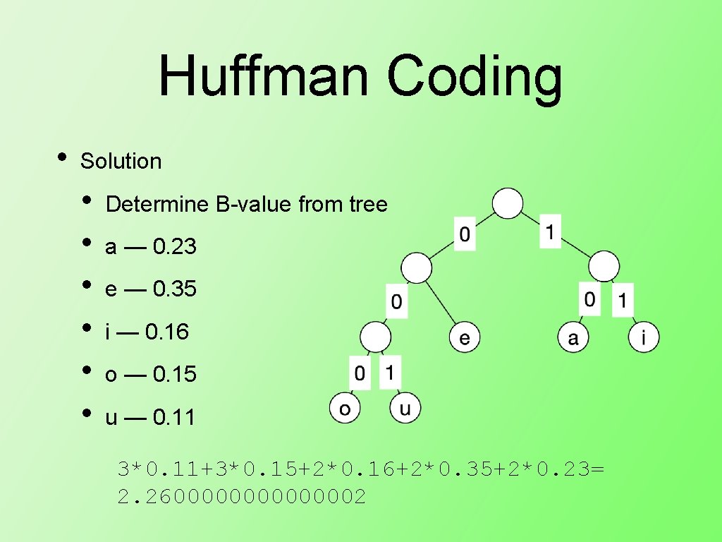 Huffman Coding • Solution • • • Determine B-value from tree a — 0.