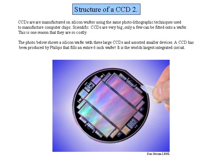 Structure of a CCD 2. CCDs are manufactured on silicon wafers using the same