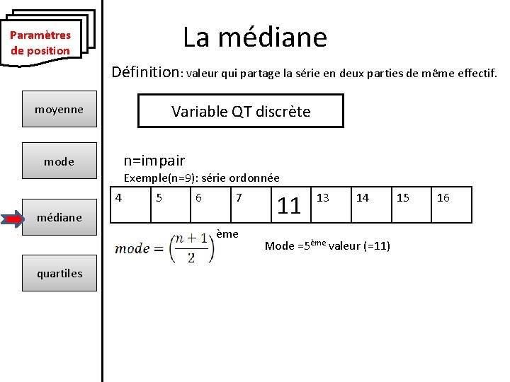 La médiane Paramètres de position Définition: valeur qui partage la série en deux parties