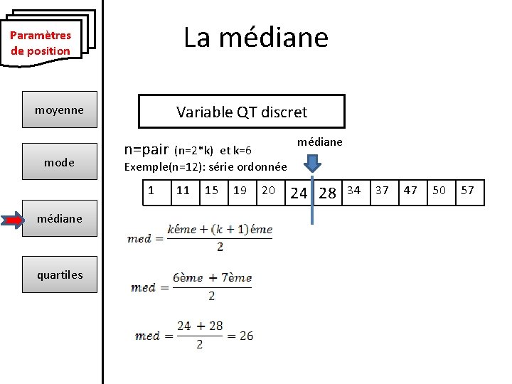 La médiane Paramètres de position Variable QT discret moyenne mode Exemple(n=12): série ordonnée 1