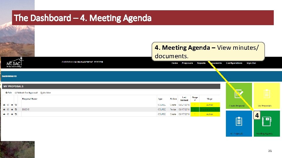 The Dashboard – 4. Meeting Agenda – View minutes/ documents. 4 21 