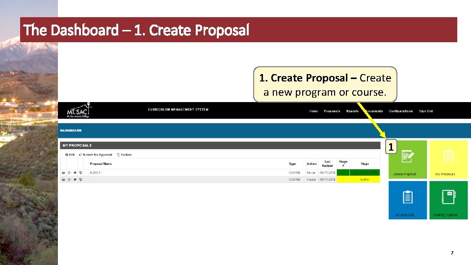 The Dashboard – 1. Create Proposal – Create a new program or course. 1