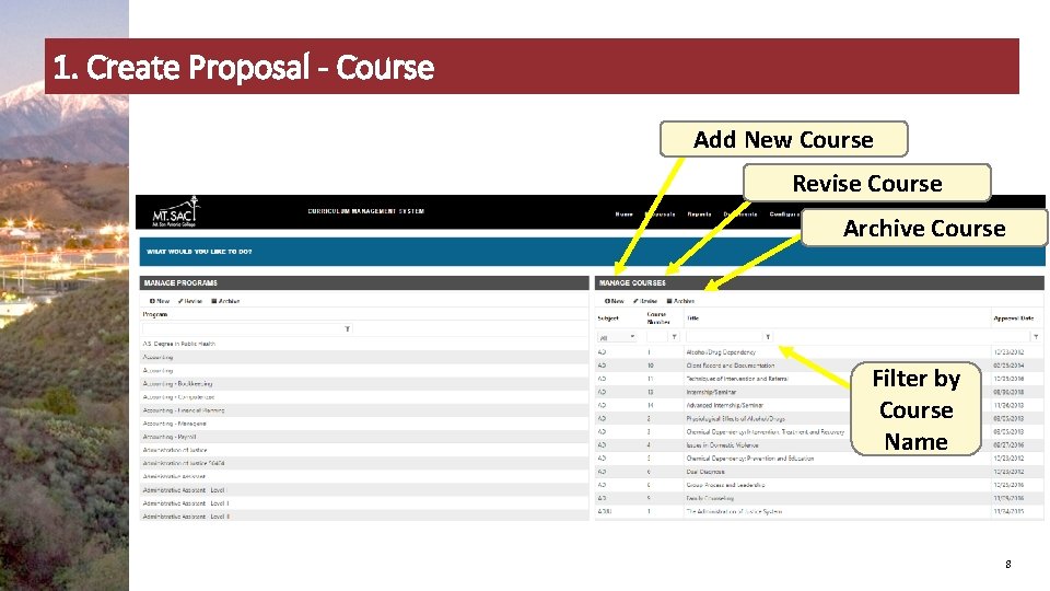 1. Create Proposal - Course Add New Course Revise Course Archive Course Filter by