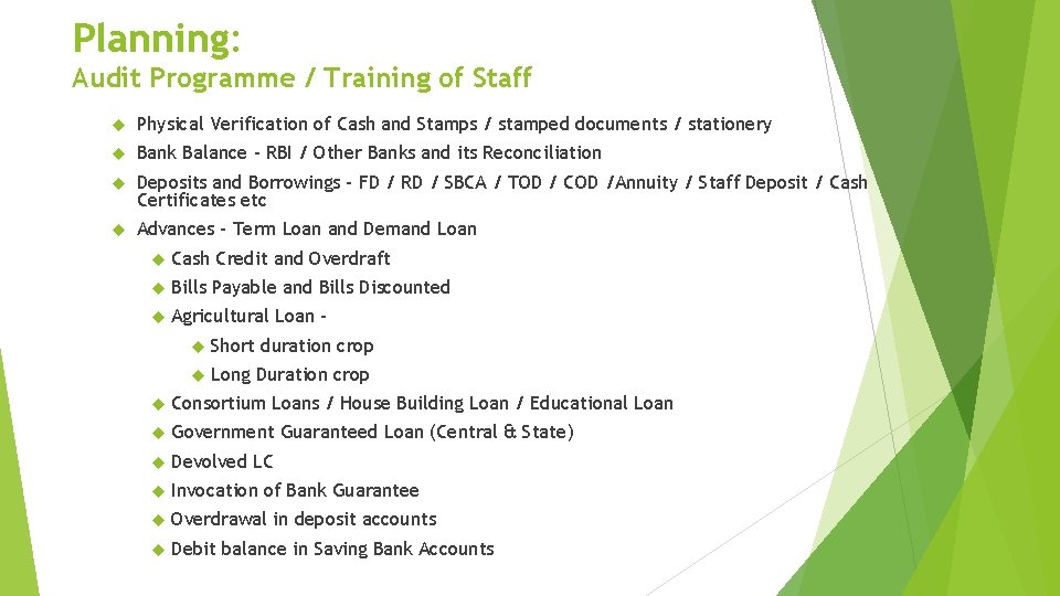 Planning: Audit Programme / Training of Staff Physical Verification of Cash and Stamps /