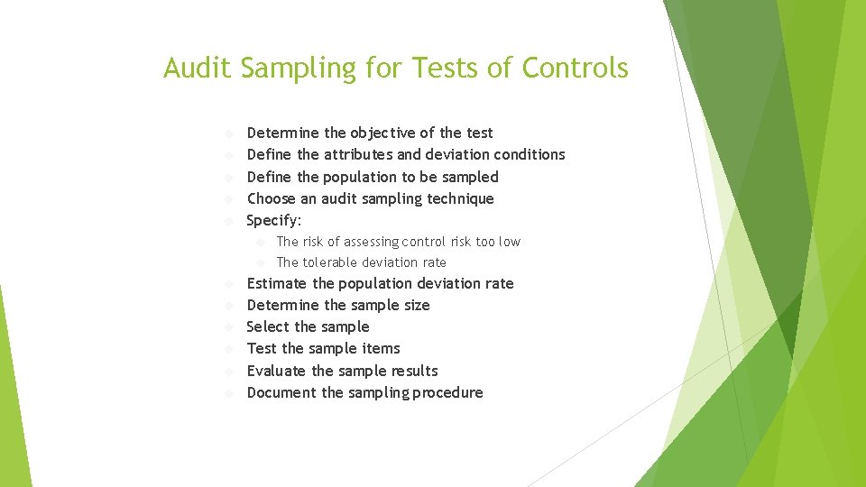 Audit Sampling for Tests of Controls Determine the objective of the test Define the