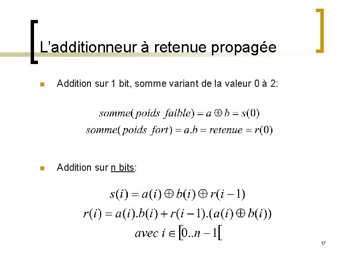 L’additionneur à retenue propagée n Addition sur 1 bit, somme variant de la valeur