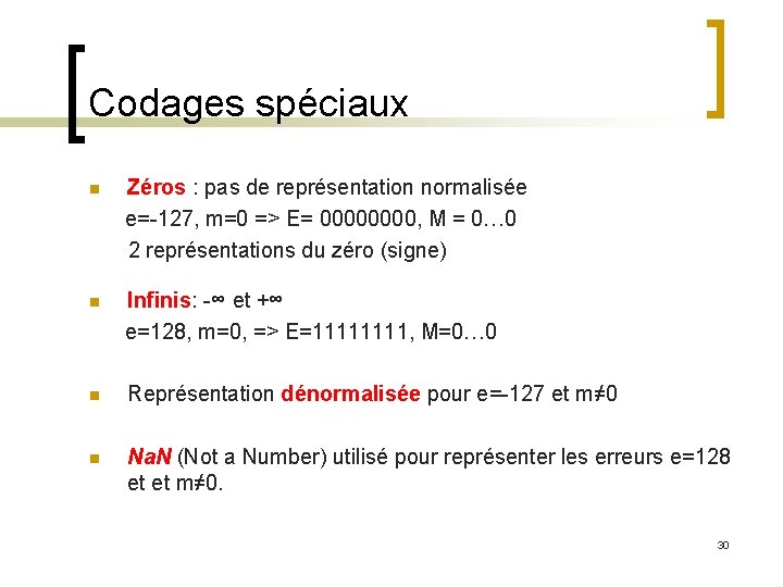 Codages spéciaux n Zéros : pas de représentation normalisée e=-127, m=0 => E= 0000,