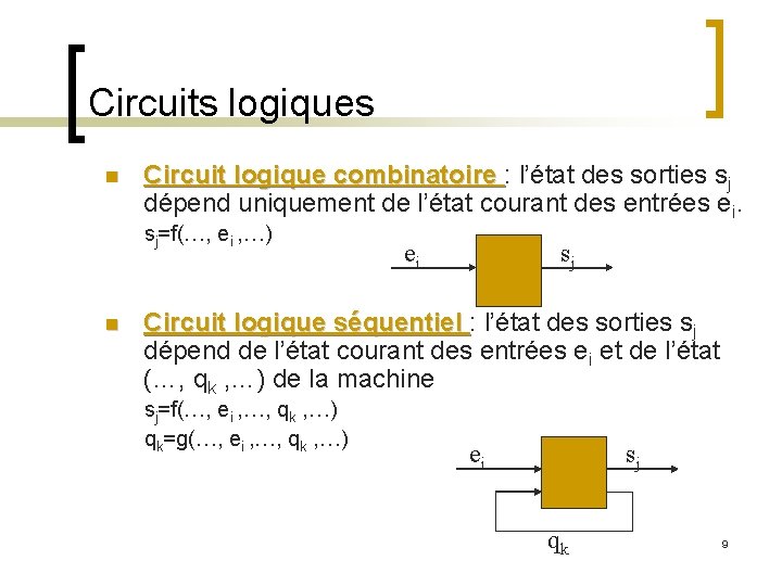 Circuits logiques n Circuit logique combinatoire : l’état des sorties sj dépend uniquement de