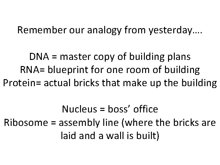 Remember our analogy from yesterday…. DNA = master copy of building plans RNA= blueprint