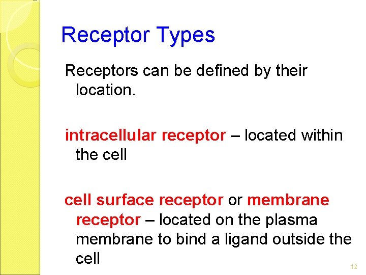 Receptor Types Receptors can be defined by their location. intracellular receptor – located within