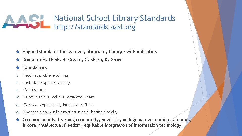 National School Library Standards http: //standards. aasl. org Aligned standards for learners, librarians, library