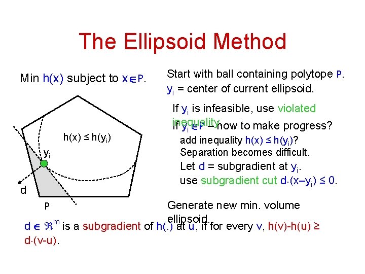 The Ellipsoid Method Min h(x) subject to xÎP. h(x) ≤ h(yi) yi Start with