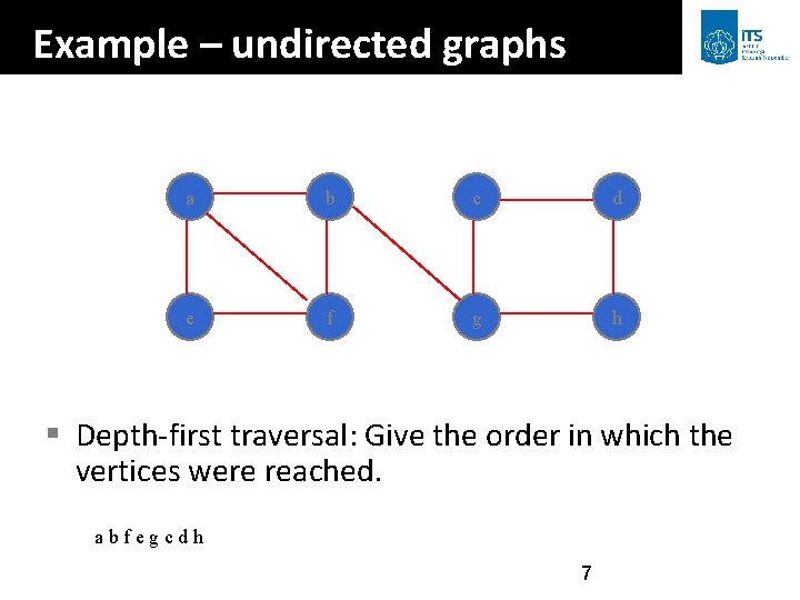 Example – undirected graphs a b c d e f g h § Depth-first