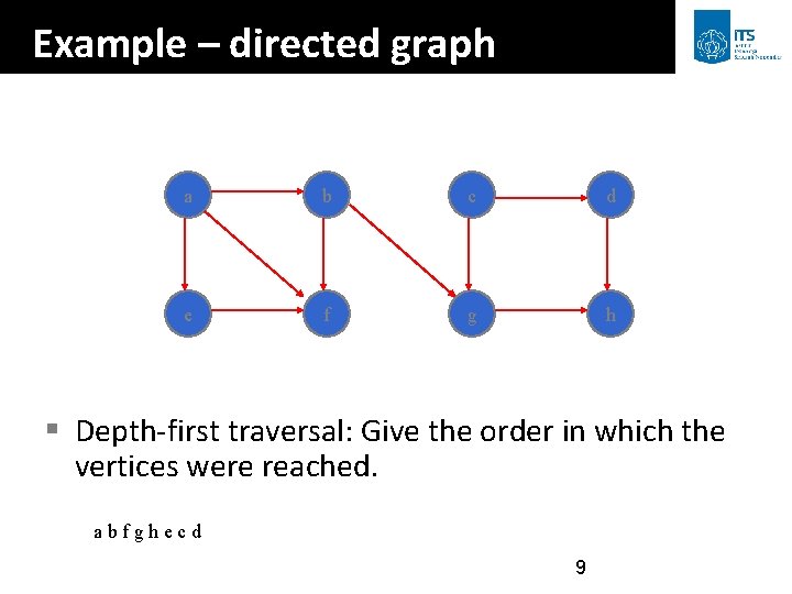 Example – directed graph a b c d e f g h § Depth-first