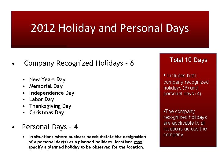 2012 Holiday and Personal Days • Company Recognized Holidays – 6 • • •