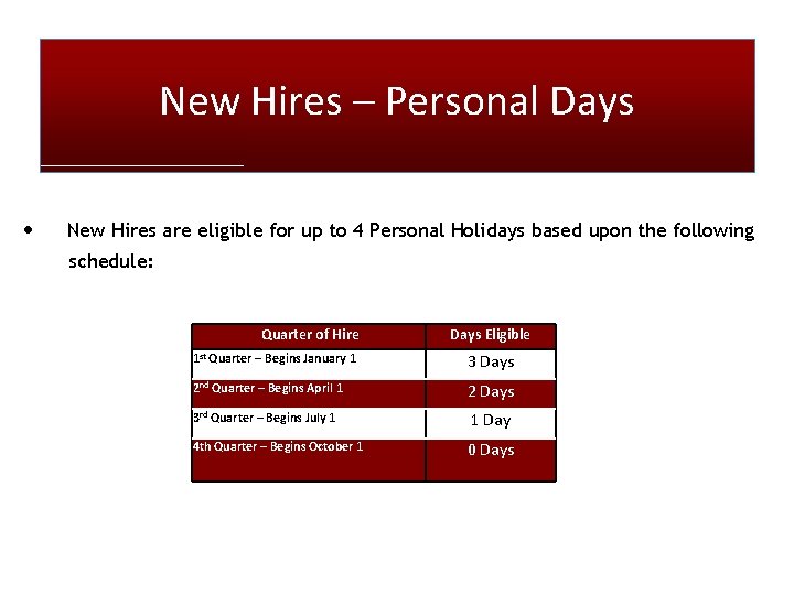 New Hires – Personal Days • New Hires are eligible for up to 4 New Hires – Personal Days • New Hires are eligible for up to 4