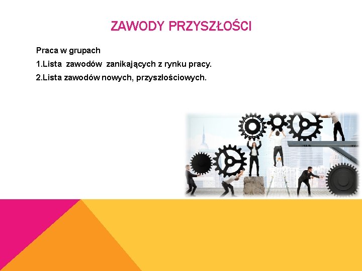 ZAWODY PRZYSZŁOŚCI Praca w grupach 1. Lista zawodów zanikających z rynku pracy. 2. Lista