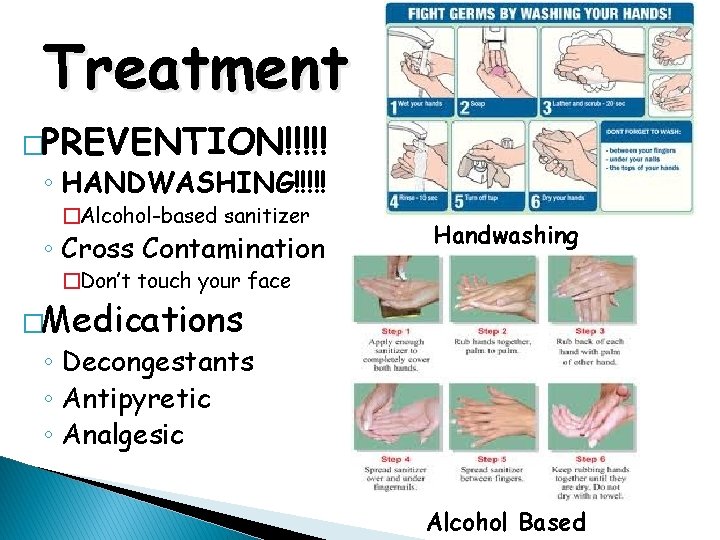 Treatment �PREVENTION!!!!! ◦ HANDWASHING!!!!! �Alcohol-based sanitizer ◦ Cross Contamination Handwashing �Don’t touch your face