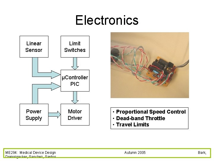 Electronics Linear Sensor Limit Switches µController PIC Power Supply ME 294: Medical Device Design