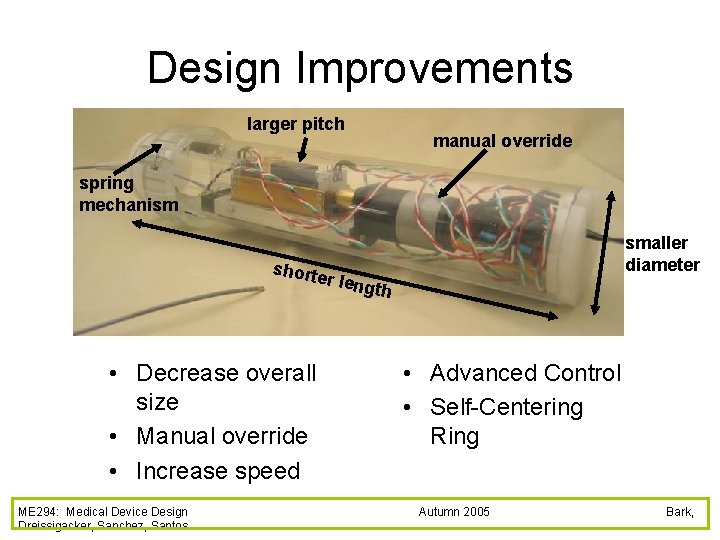 Design Improvements larger pitch manual override spring mechanism short • Decrease overall size •