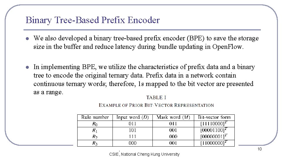 Binary Tree-Based Prefix Encoder l We also developed a binary tree-based prefix encoder (BPE)