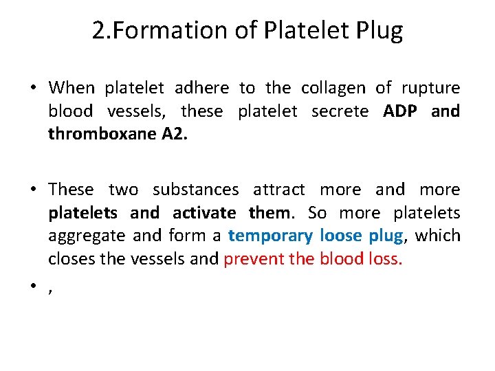 2. Formation of Platelet Plug • When platelet adhere to the collagen of rupture