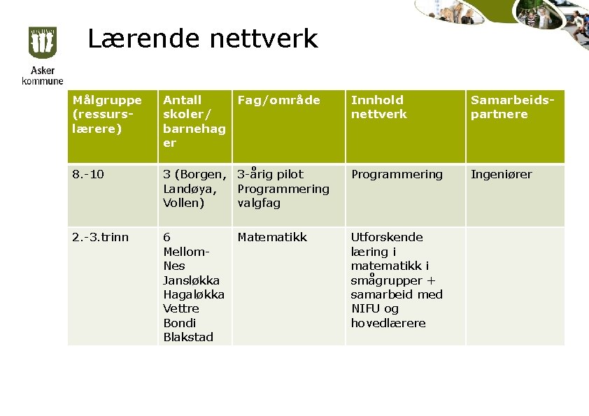 Lærende nettverk Målgruppe (ressurslærere) Antall Fag/område skoler/ barnehag er Innhold nettverk Samarbeidspartnere 8. -10