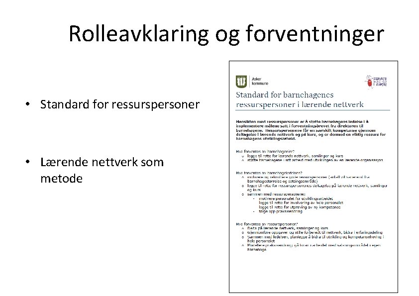 Rolleavklaring og forventninger • Standard for ressurspersoner • Lærende nettverk som metode 