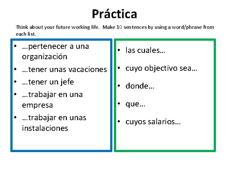 Práctica Think about your future working life. Make 10 sentences by using a word/phrase