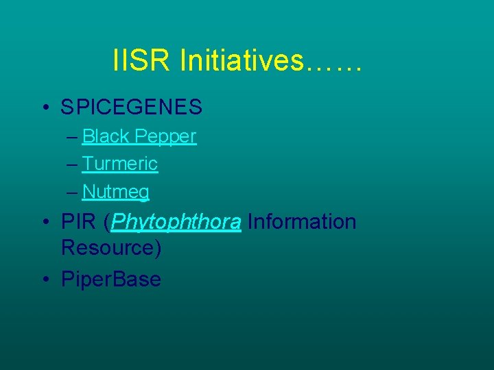 IISR Initiatives…… • SPICEGENES – Black Pepper – Turmeric – Nutmeg • PIR (Phytophthora