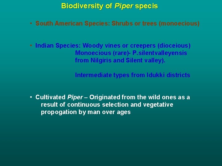 Biodiversity of Piper specis • South American Species: Shrubs or trees (monoecious) • Indian
