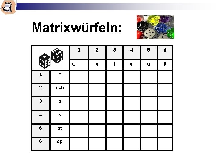 Matrixwürfeln: 1 a 1 h 2 sch 3 z 4 k 5 st 6