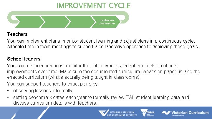 IMPROVEMENT CYCLE Evaluate and diagnose Prioritise and set goals Develop and plan Implement and