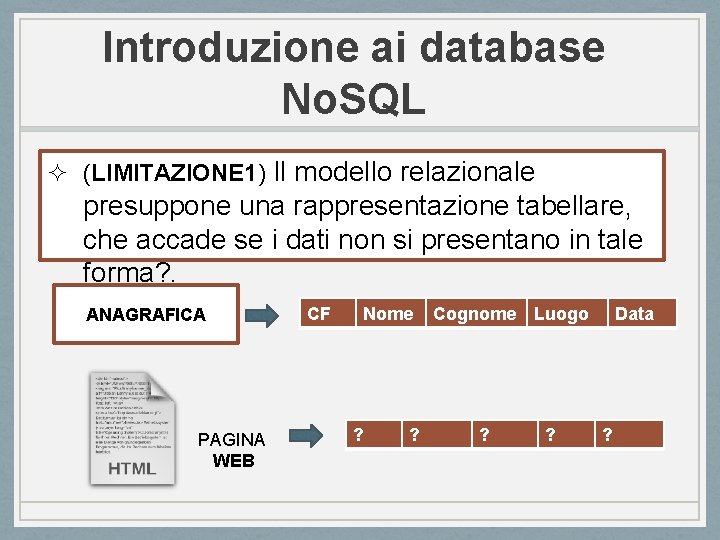 Introduzione ai database No. SQL ² (LIMITAZIONE 1) Il modello relazionale presuppone una rappresentazione