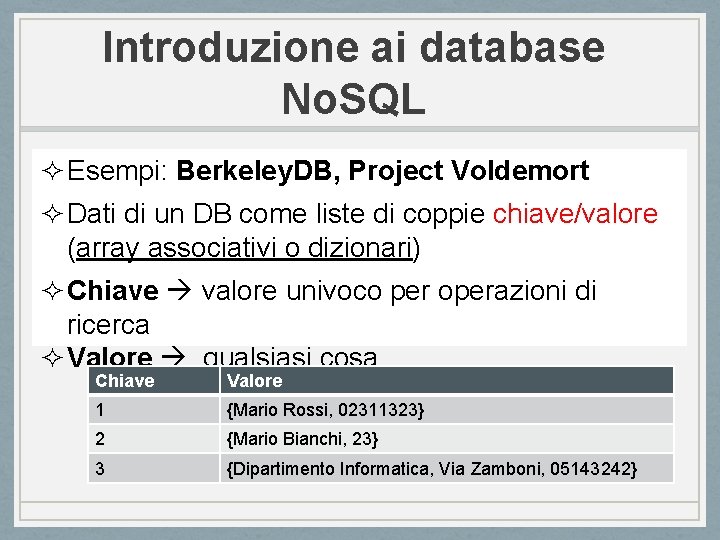 Introduzione ai database No. SQL ² Esempi: Berkeley. DB, Project Voldemort ² Dati di
