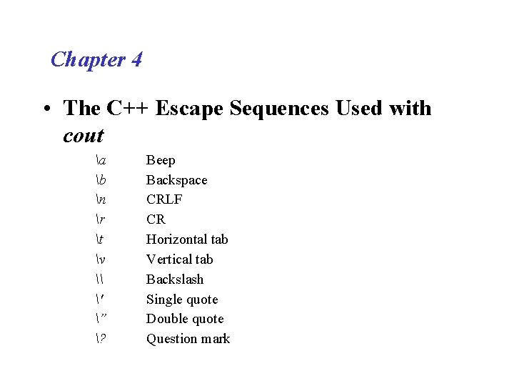 Chapter 4 • The C++ Escape Sequences Used with cout a b n r