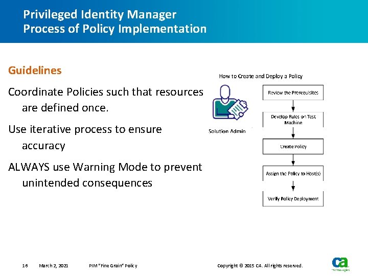 Privileged Identity Manager Process of Policy Implementation Guidelines Coordinate Policies such that resources are