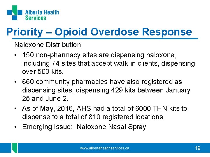 Priority – Opioid Overdose Response Naloxone Distribution • 150 non-pharmacy sites are dispensing naloxone,