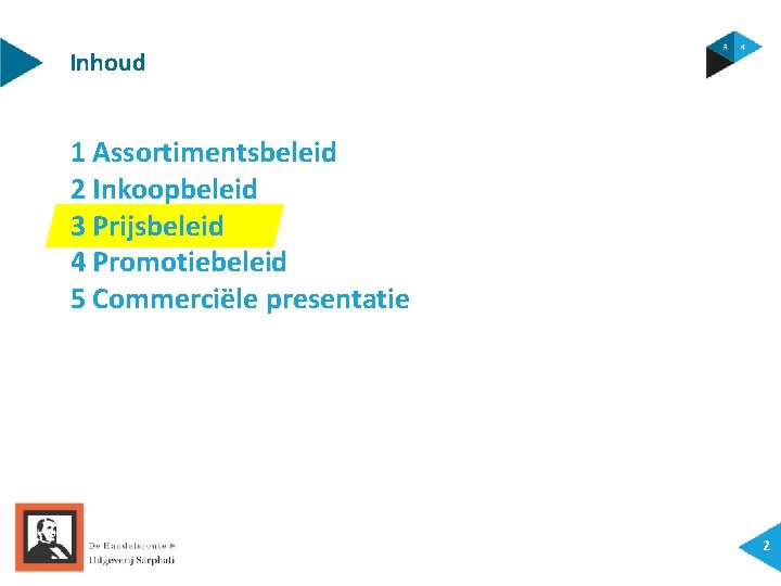 Inhoud 1 Assortimentsbeleid 2 Inkoopbeleid 3 Prijsbeleid 4 Promotiebeleid 5 Commerciële presentatie 2 