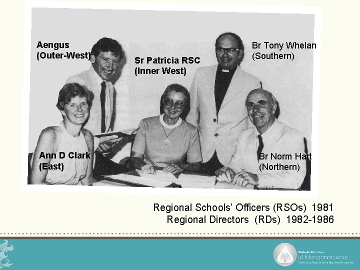 Aengus (Outer-West) Ann D Clark (East) Sr Patricia RSC (Inner West) Br Tony Whelan